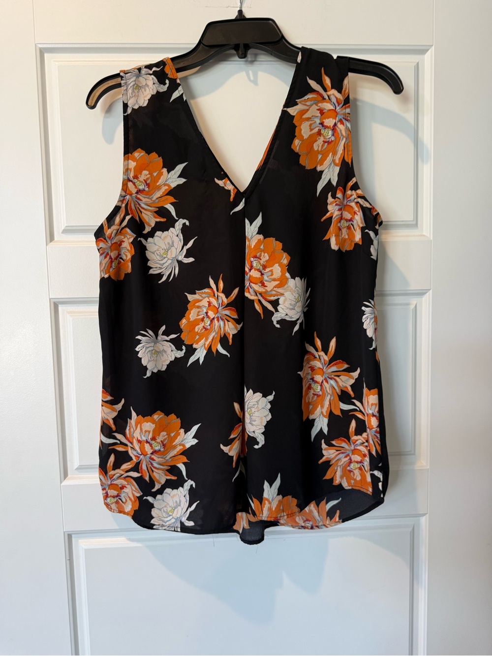 Daniel Rainn Black Floral V-Neck Sleeveless Blouse with Orange & Cream Flowers